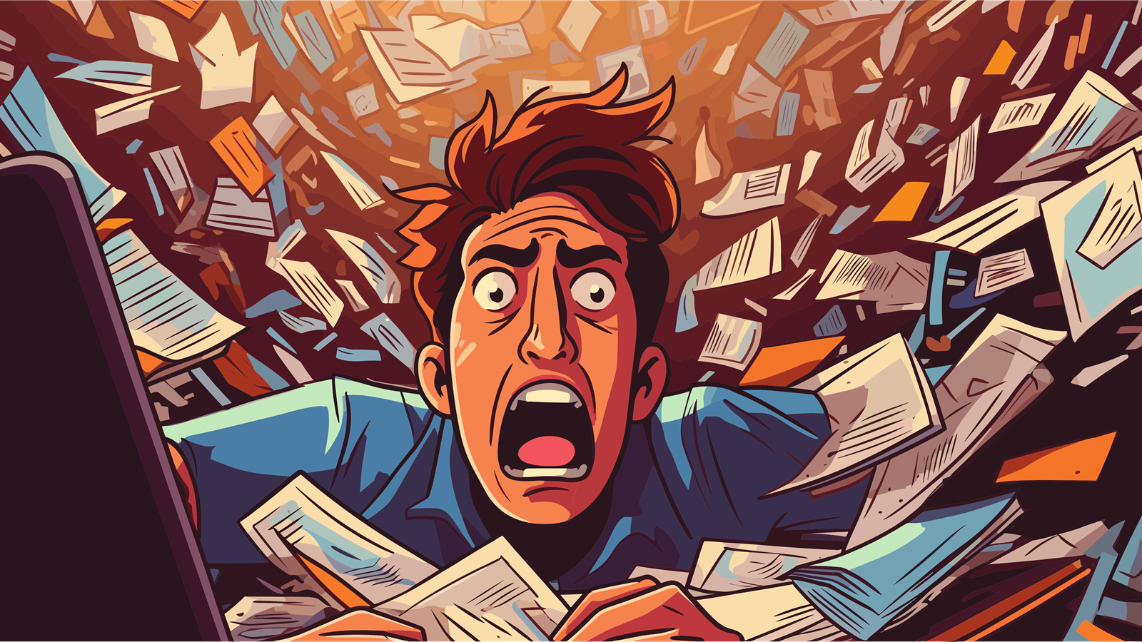 Überforderte Mitarbeiterin, die in Papierkram untergeht – ein Symbol für Mikromanagement und Berichtsoverload in kontrollgetriebenen Organisationskulturen.