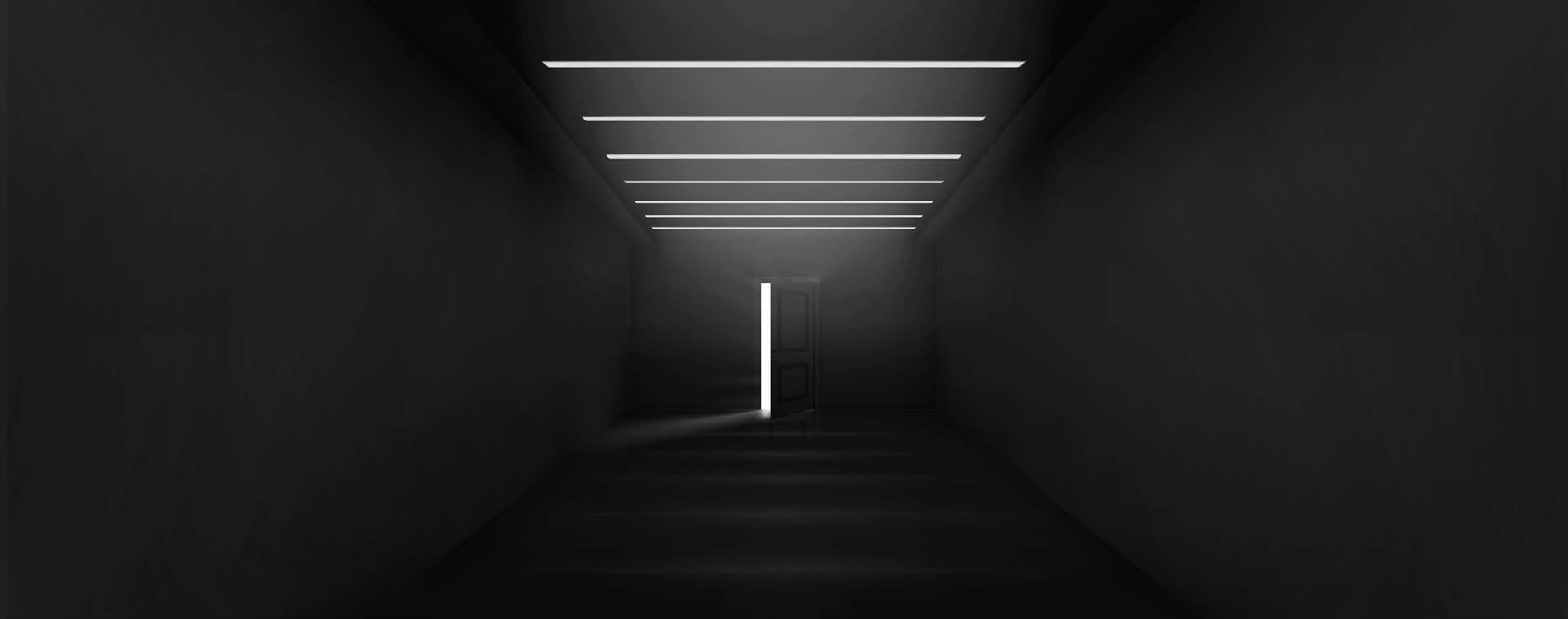 Dark corridor with evenly spaced ceiling lights leading to a partially open door emitting bright light, symbolizing a threshold.