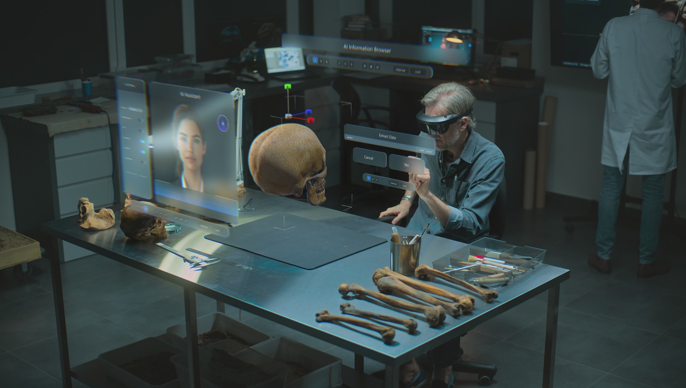 Researchers examining a preserved digital artifact in a futuristic lab, symbolizing the archaeology of legacy enterprise IT systems.