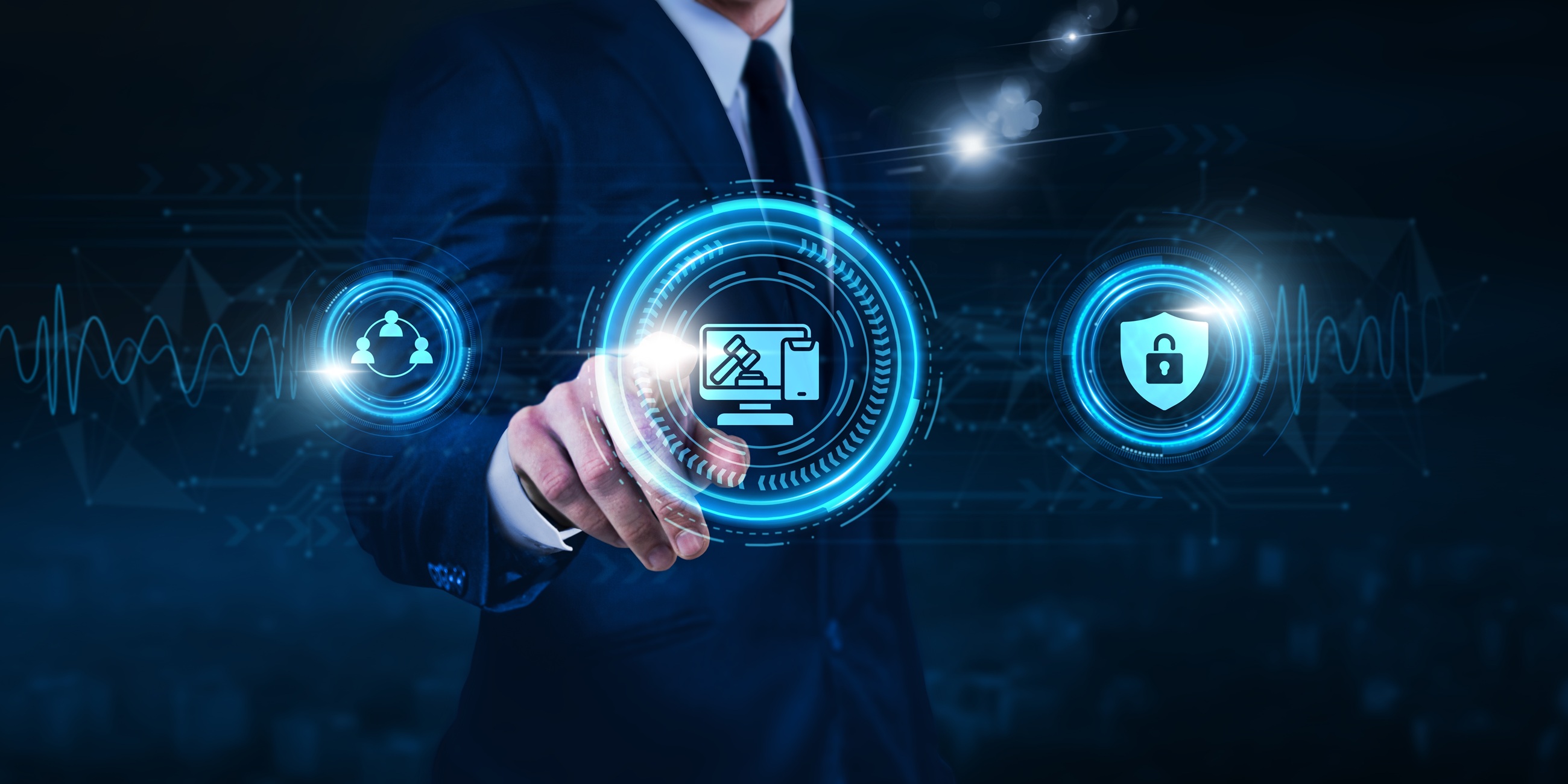 Legal professional interacting with digital legal infrastructure interface representing APIs, governance, compliance, and secure legal systems.
