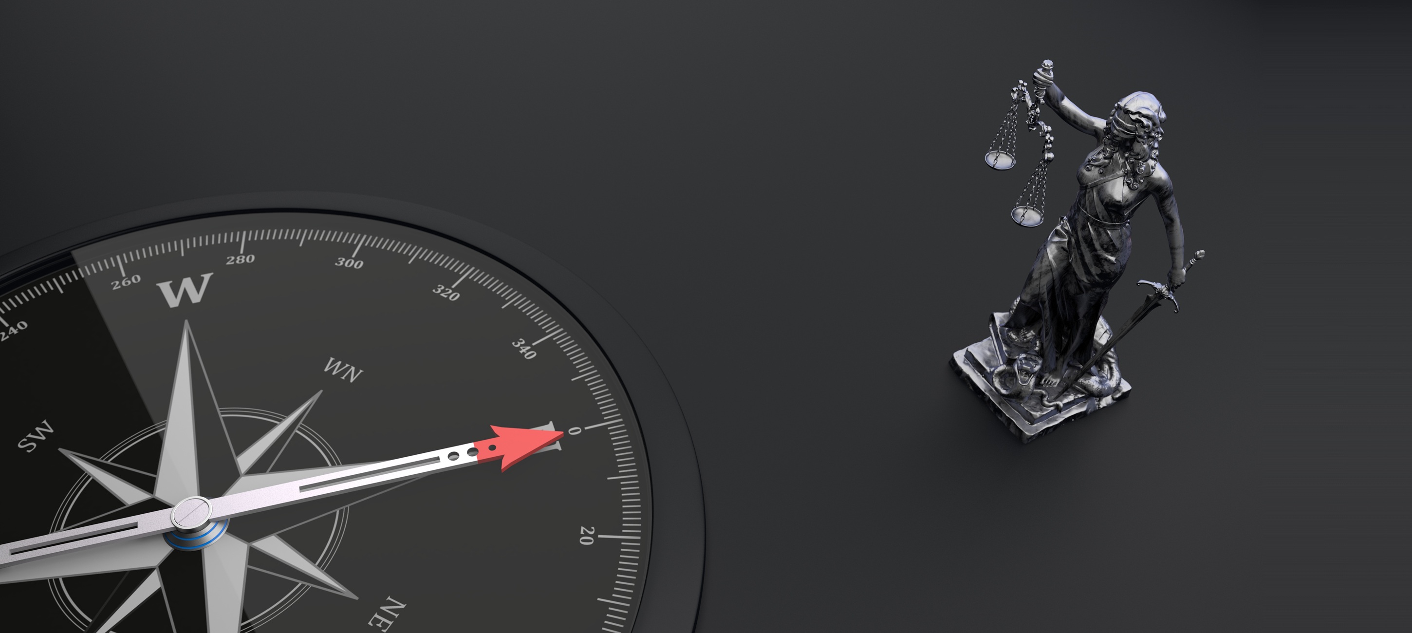 Abstract legal AI and governance visual featuring a compass and Lady Justice, symbolizing strategic orientation, AI maturity, legal transformation, and operational governance.